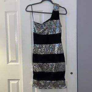 Black and Silver Sequins One Shoulder Dress